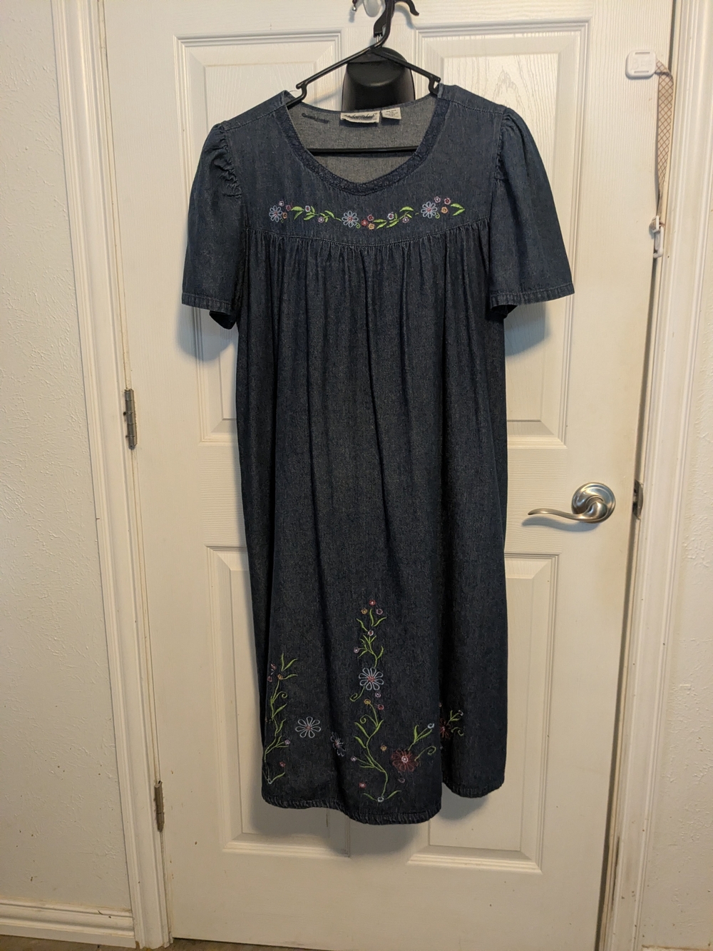 Anthony Richards Dark Denim Midi Dress with Multicolor Floral Embroidery